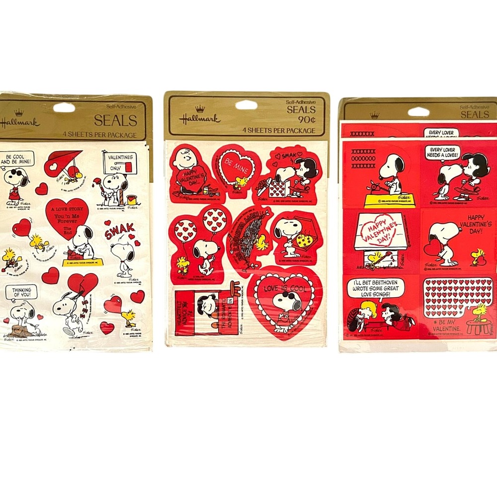 New Set of 3 Vintage 1970's Hallmark Peanuts Valentines Day Stickers